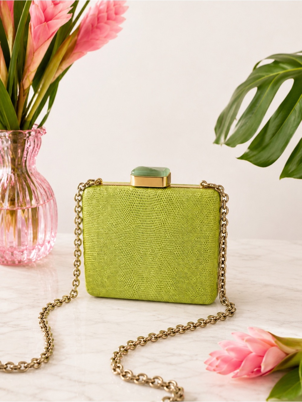 Alexandra Clancy Lime Green Lizard Leather Clutch – Gemstone Box Bag w Chain